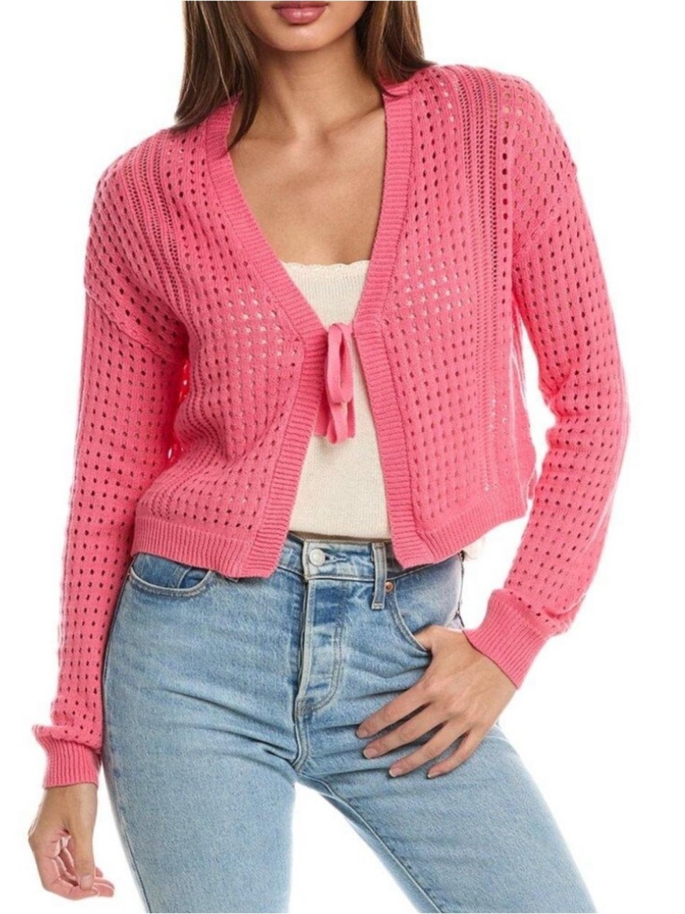 C&C California 100% Cotton Pink Open-Knit Tie-Front Cardigan Sz L